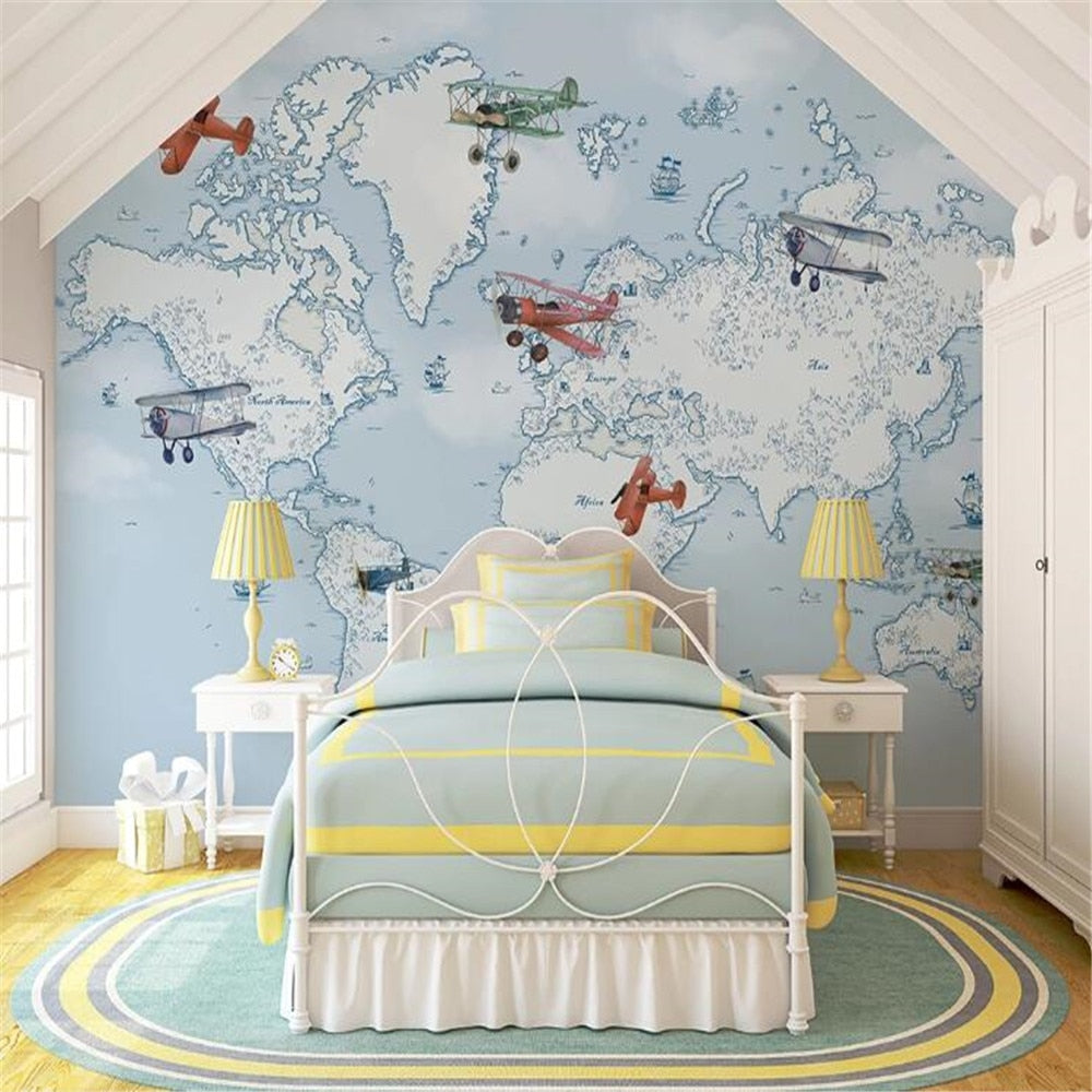 Blue World Map With Planes Wallpaper Mural