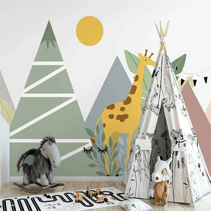 Cartoon Geometric Mountain Peak Giraffe Children's Wallpaper Mural