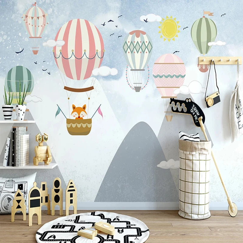 Striped Hot Air Balloons Over Mountain Peaks with Fox Pilot Wall Mural Wallpaper