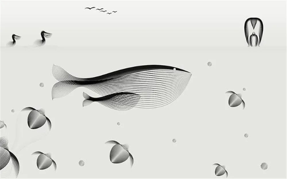 Black And White Minimalist Whales and Turtles Wallpaper Mural