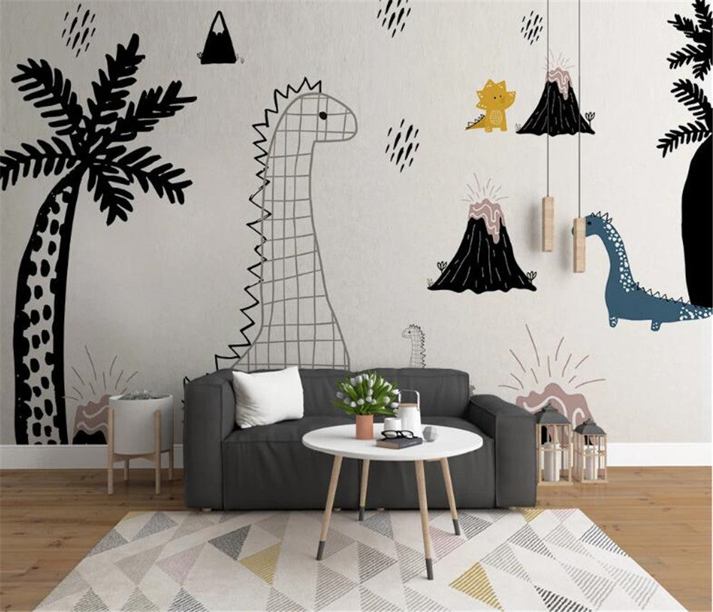 Minimalist Black And White Dinosaur Park Wallpaper Mural