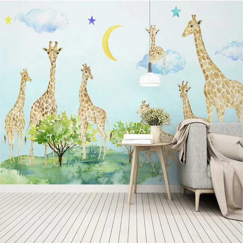 Watercolor Giraffe Herd with Moon and Clouds Nursery Wall Mural Wallpaper