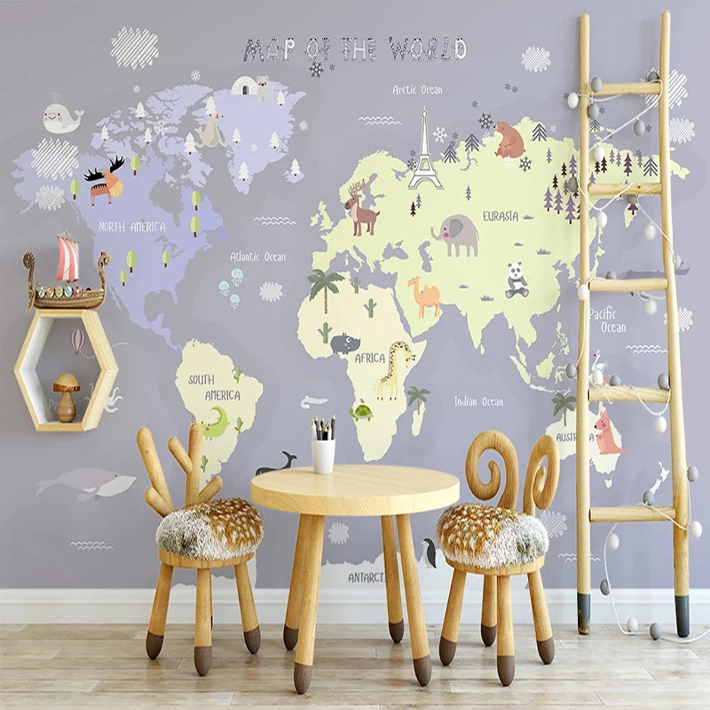 Illustrated Continents With Animals Nursery Wall Mural Wallpaper