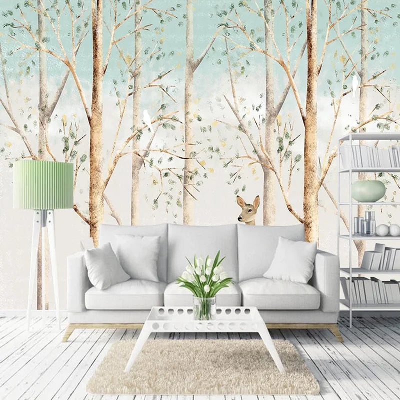 Woodland Fawns Tree Trunks Wall Mural Wallpaper