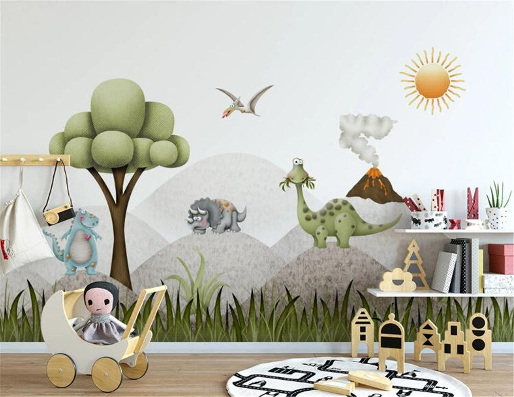 Cute Dinosaurs On Mountains Wallpaper Mural