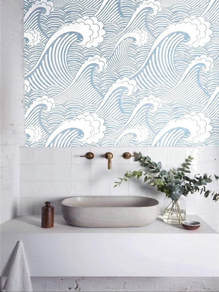 Painted Blue/White Waves Peel And Stick Wallpaper