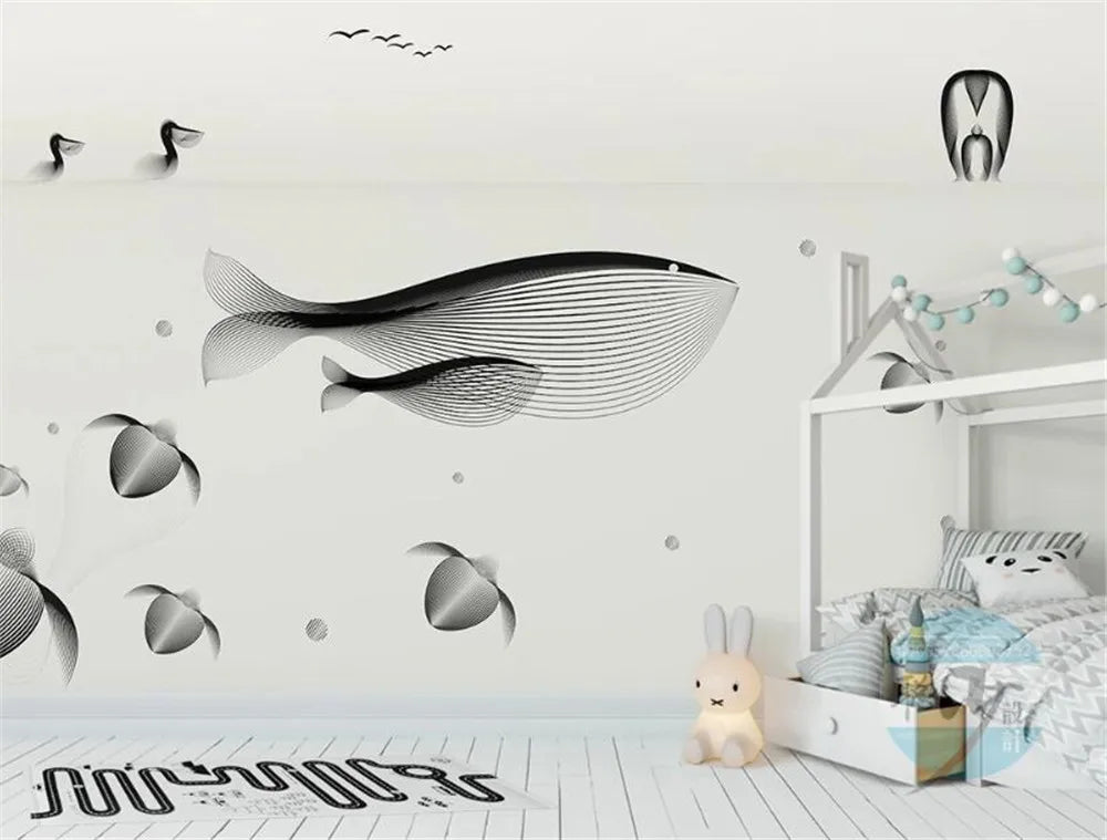 Black And White Minimalist Whales and Turtles Wallpaper Mural