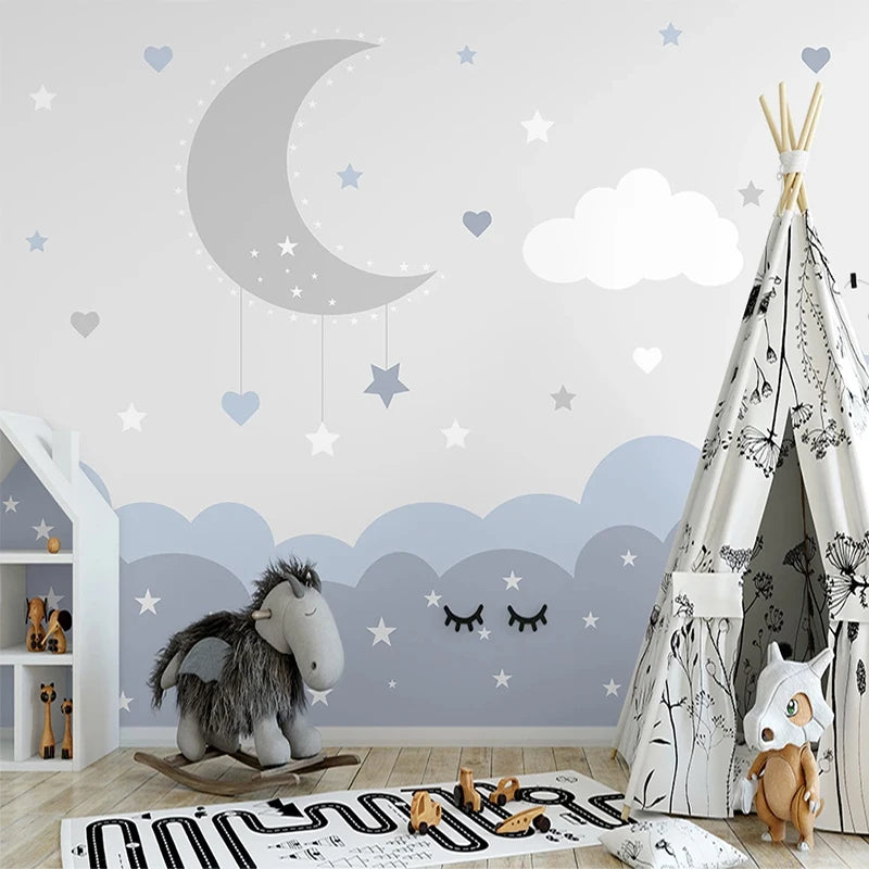 Crescent Moon with Hanging Stars and Cloudscape Nursery Wall Mural Wallpaper