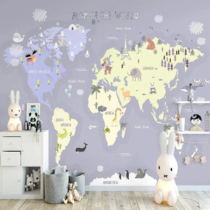 Illustrated Continents With Animals Nursery Wall Mural Wallpaper
