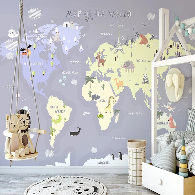 Illustrated Continents With Animals Nursery Wall Mural Wallpaper