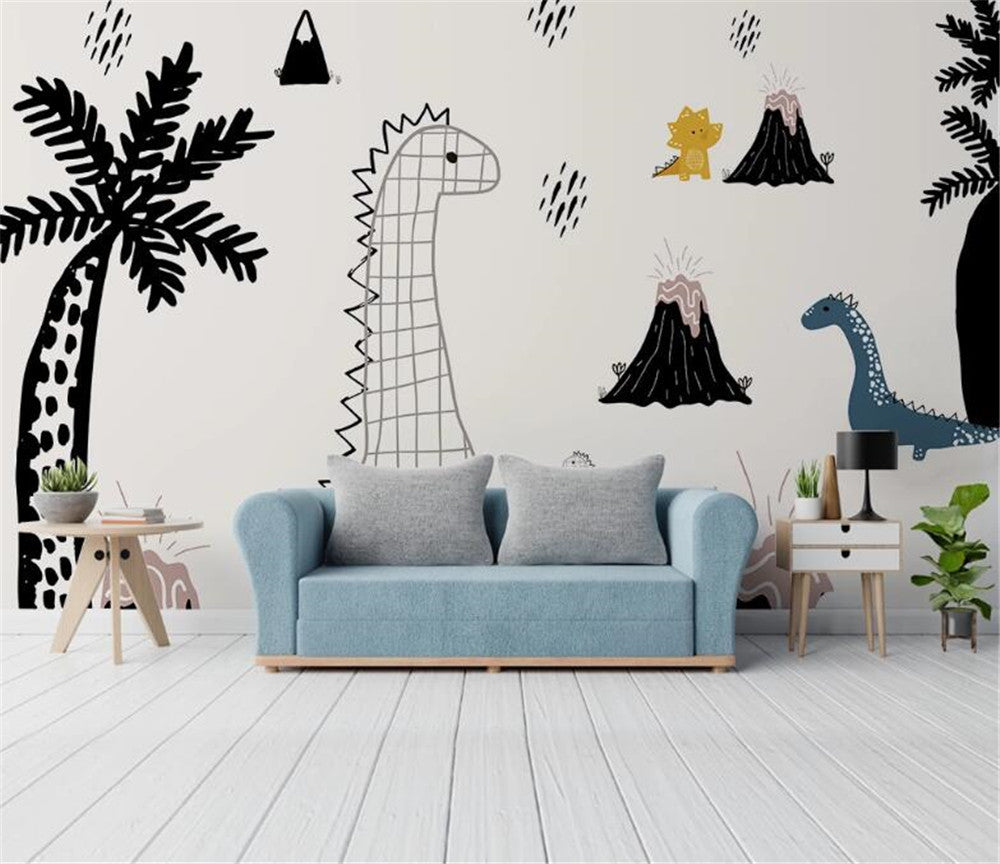 Minimalist Black And White Dinosaur Park Wallpaper Mural