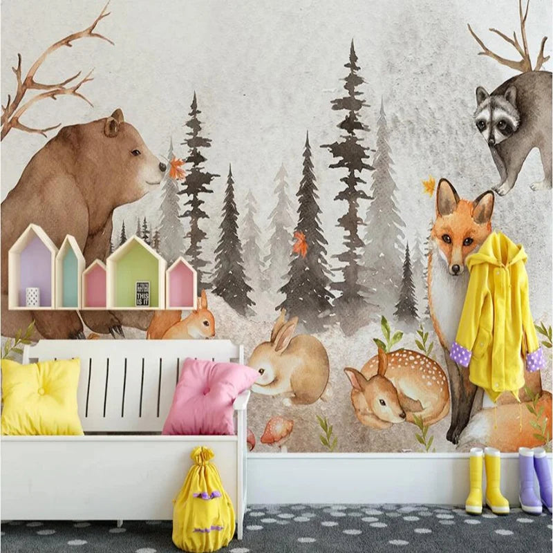 Bear Fox and Squirrel Among Gray Pine Forest Wall Mural Wallpaper