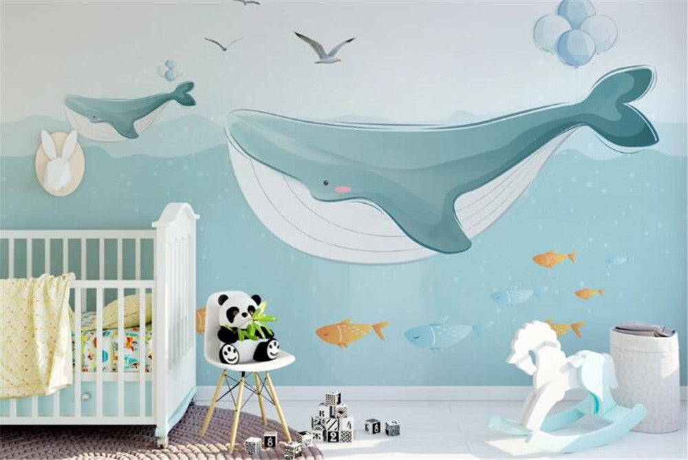 Cute Whales And Seagulls Wallpaper Mural