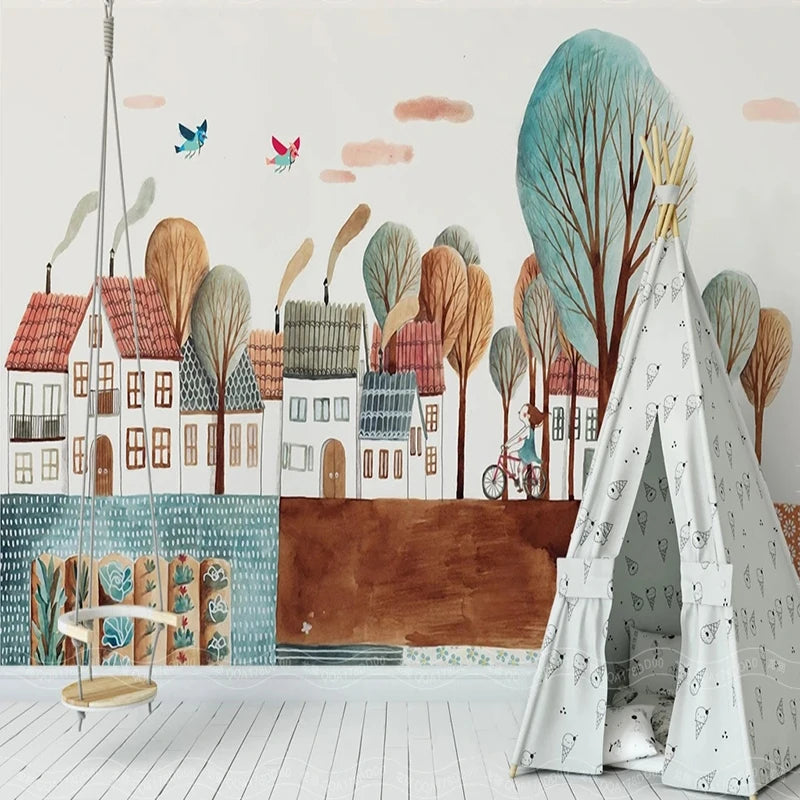 Pastel Color Storybook Town Mural Wallpaper
