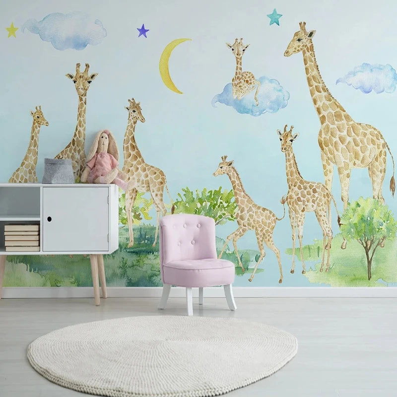 Watercolor Giraffe Herd with Moon and Clouds Nursery Wall Mural Wallpaper