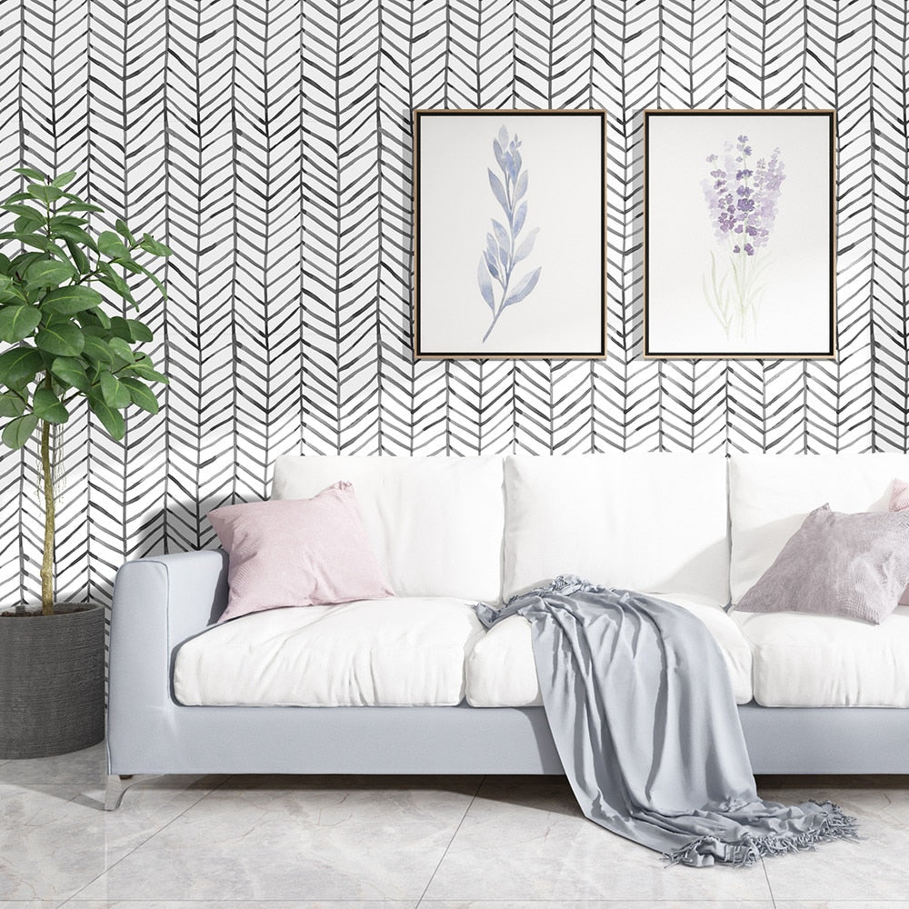 Black White Herringbone Stripes Peel and Stick Wallpaper