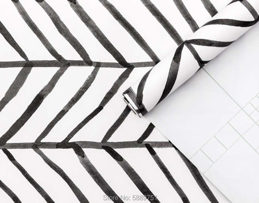Black White Herringbone Stripes Peel and Stick Wallpaper