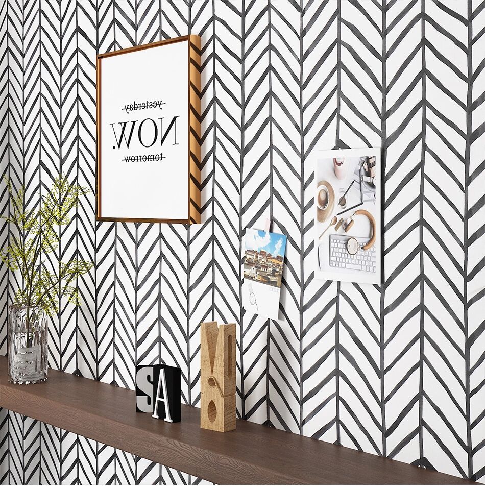 Black White Herringbone Stripes Peel and Stick Wallpaper
