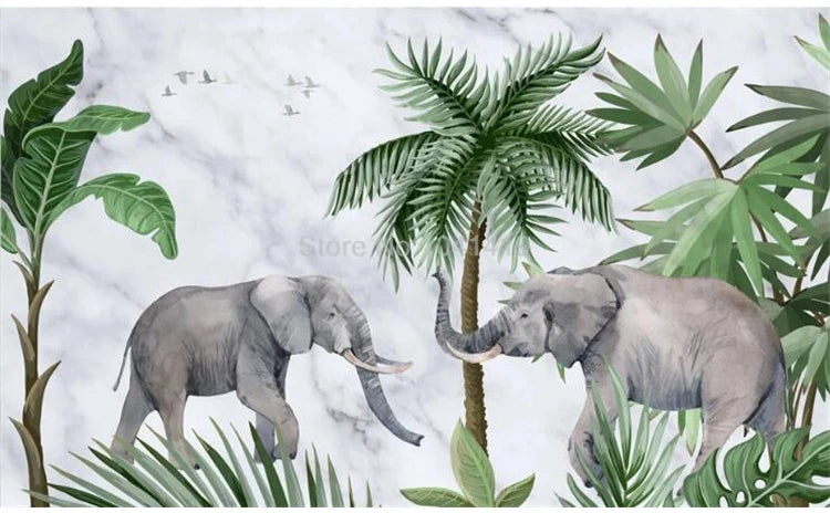 Tropical Elephants Marble Wall Mural Wallpaper