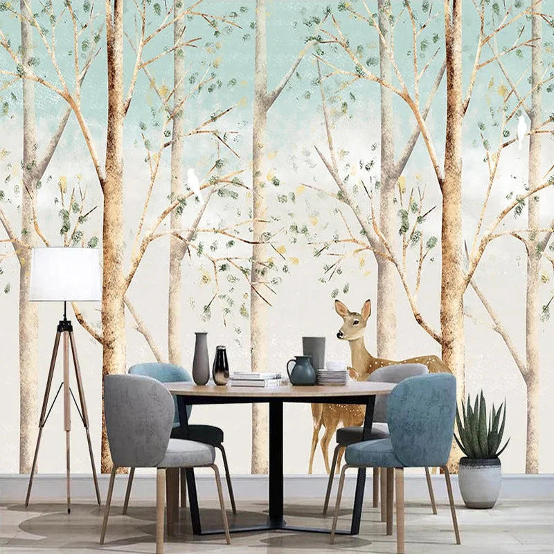 Woodland Fawns Tree Trunks Wall Mural Wallpaper