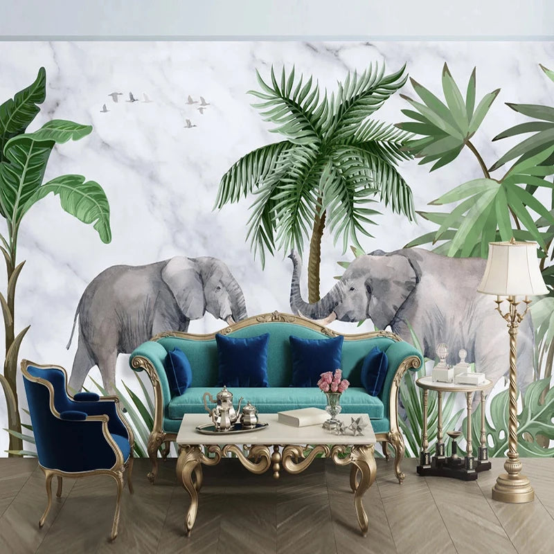 Tropical Elephants Marble Wall Mural Wallpaper