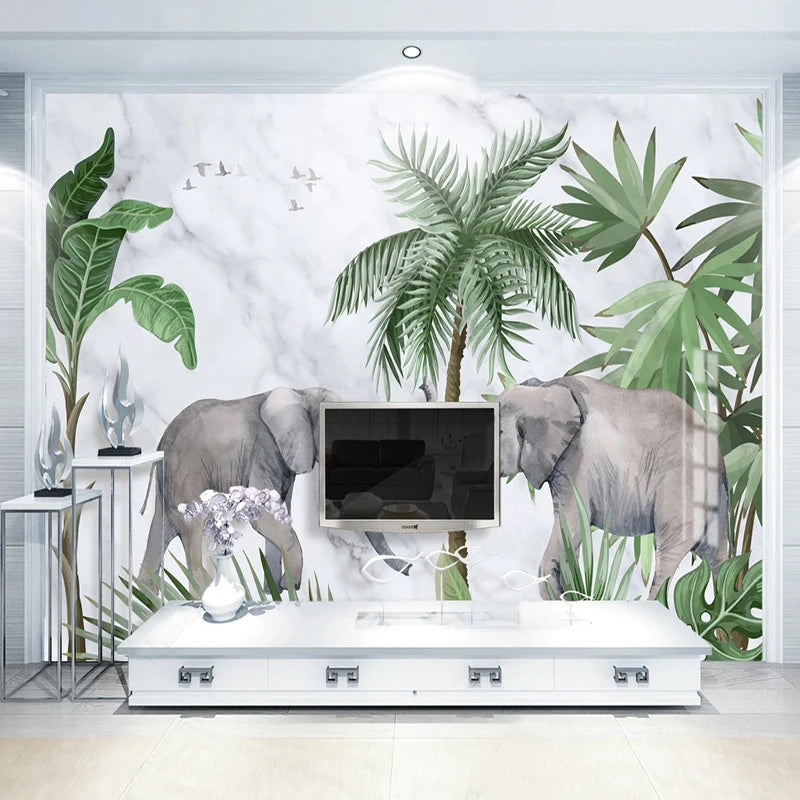 Tropical Elephants Marble Wall Mural Wallpaper