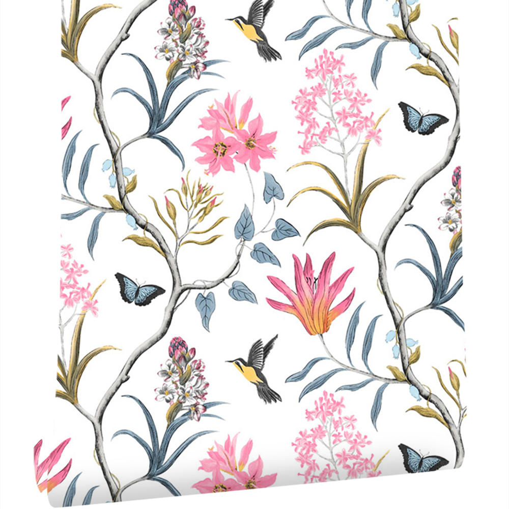 Pink Floral Birds And Butterflies Peel and Stick Wallpaper