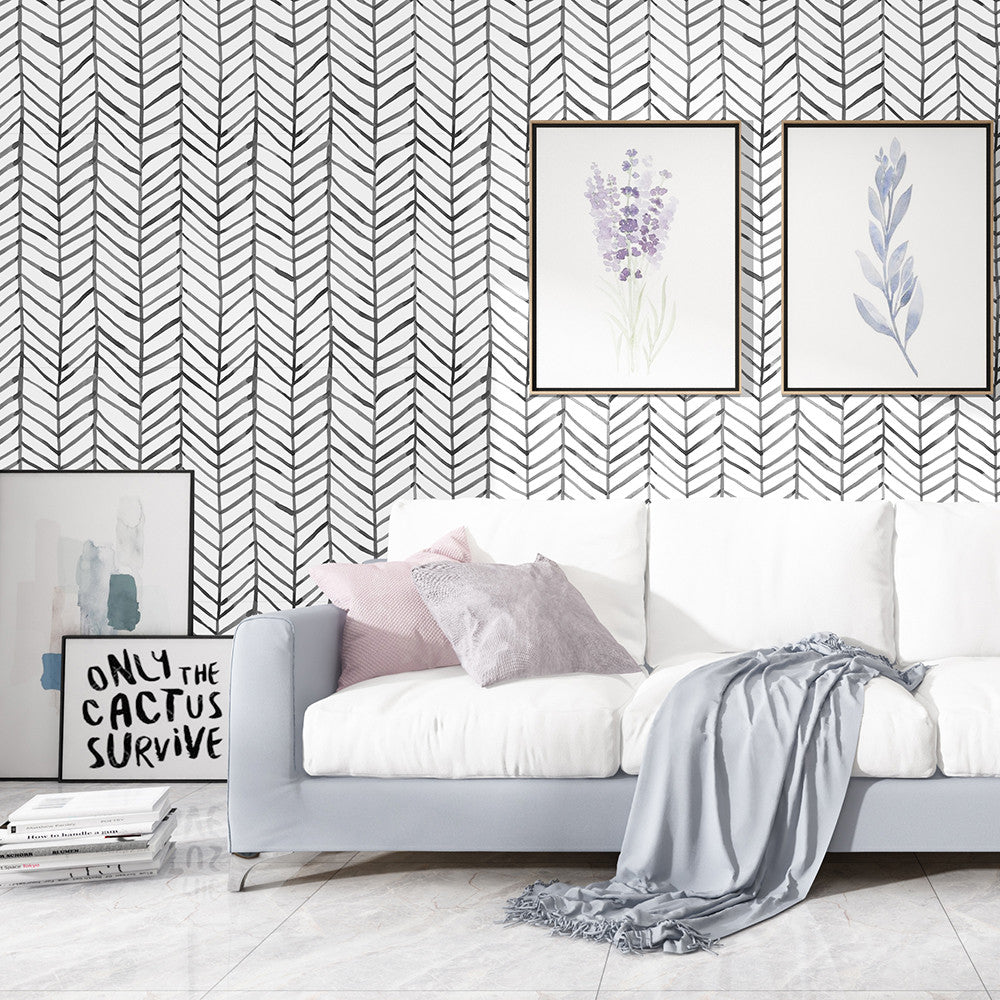 Black White Herringbone Stripes Peel and Stick Wallpaper
