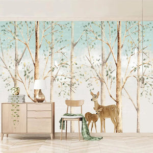 Woodland Fawns Tree Trunks Wall Mural Wallpaper