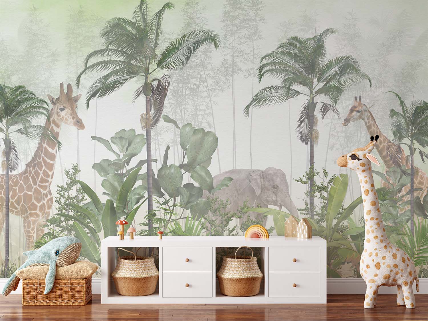 Light Green Painted Giraffe and Elephant Wallpaper Mural