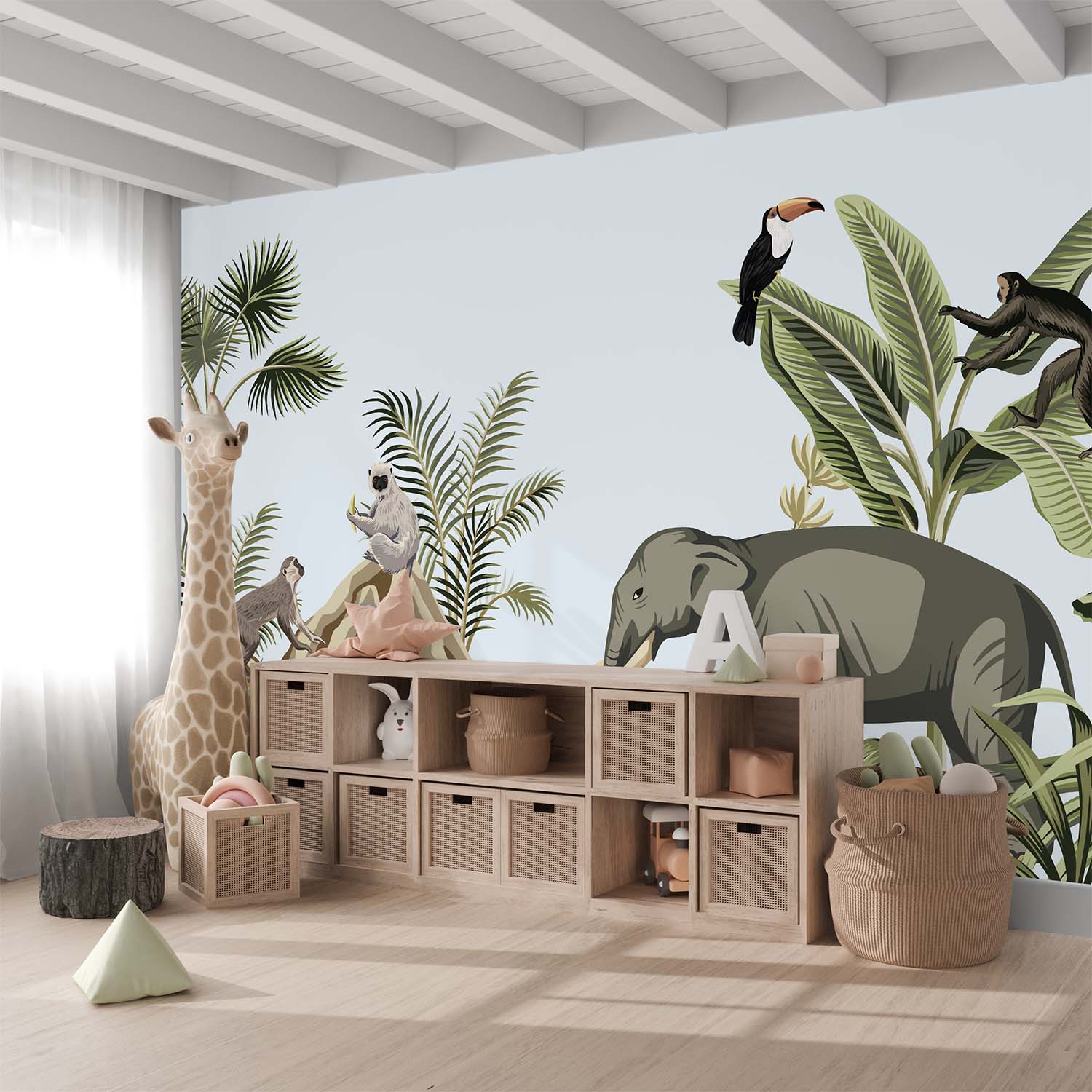 Monkeys and Elephant Safari Adventure Wallpaper Mural