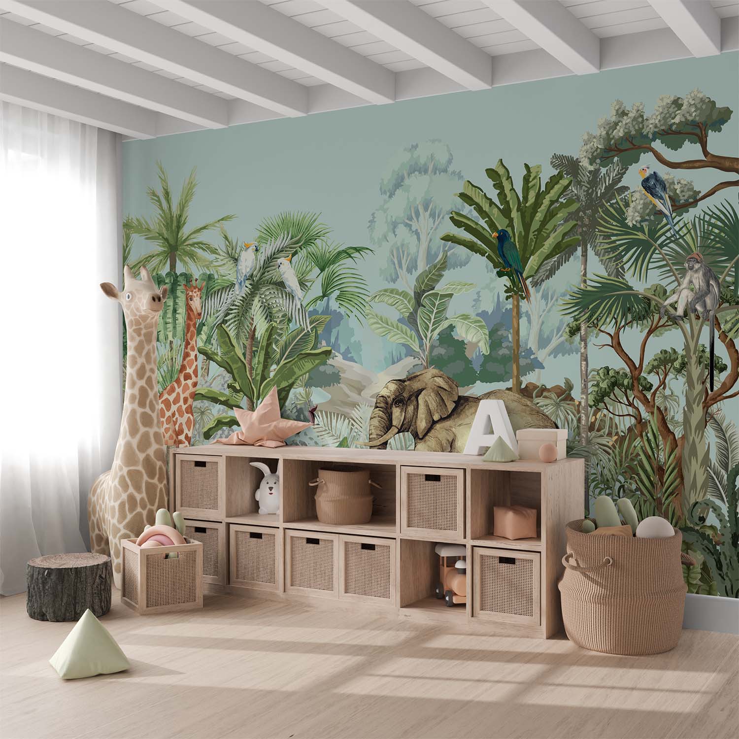 Painted Tropical Wildlife Cartoon Wallpaper Mural