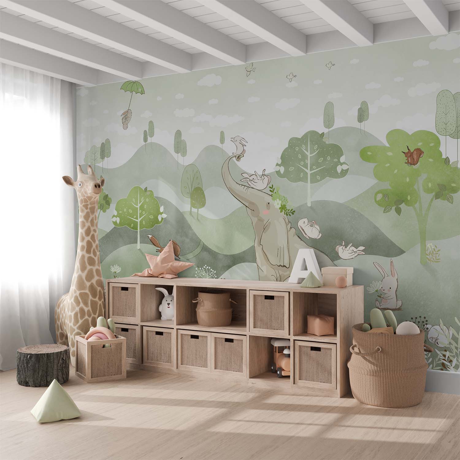 Playful Rabbits and Elephant Wallpaper Mural
