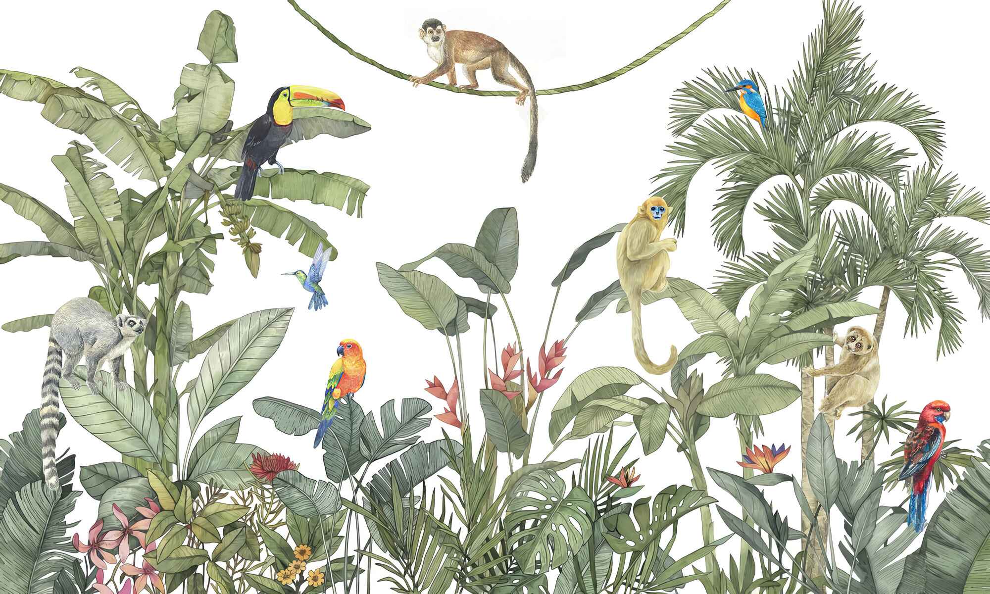 Rainforest Tropical Birds and Monkeys Wallpaper Mural