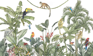 Rainforest Tropical Birds and Monkeys Wallpaper Mural