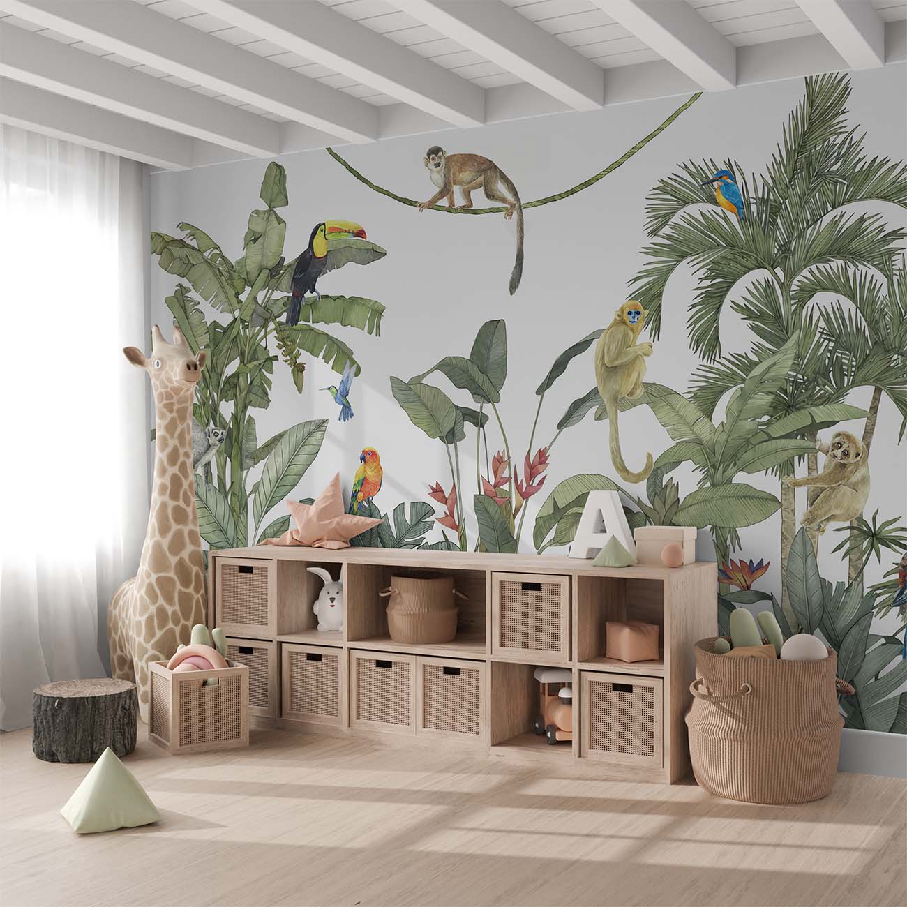 Rainforest Tropical Birds and Monkeys Wallpaper Mural