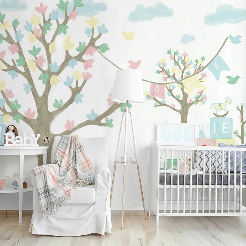 Flowering Trees with Home Banner Wall Mural Wallpaper