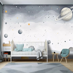 Dreamy Starry Night and Planets Nursery Wall Mural Wallpaper