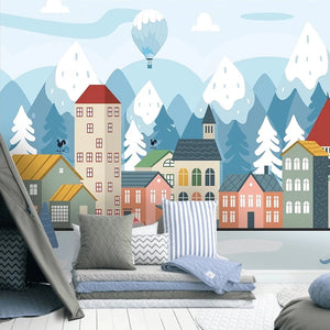 Mountain Town Hot Air Balloon Kids Room Wall Mural Wallpaper