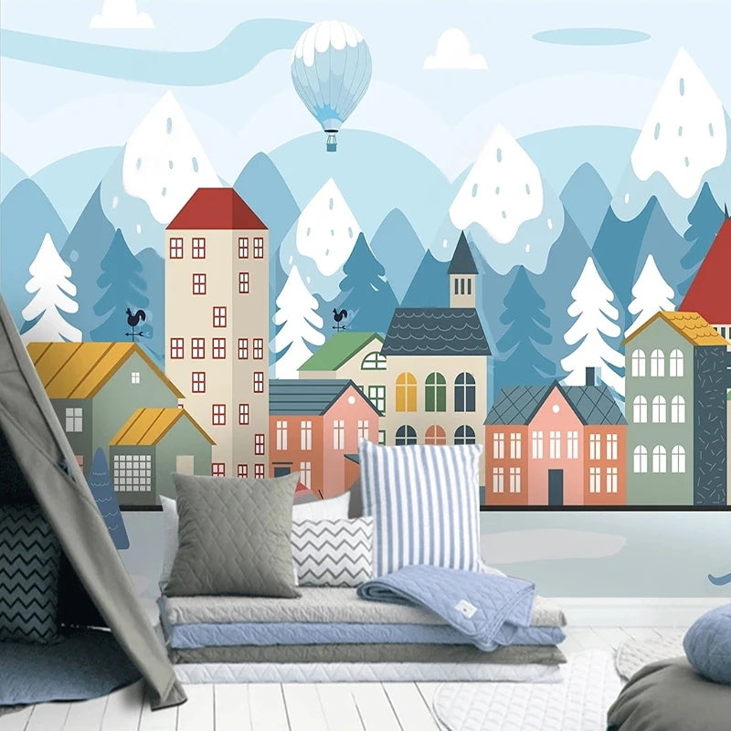 Mountain Town Hot Air Balloon Kids Room Wall Mural Wallpaper