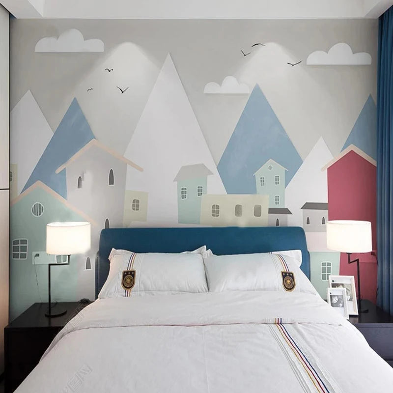 Geometric Mountainscape with Pastel Townhouses Wall Mural Wallpaper