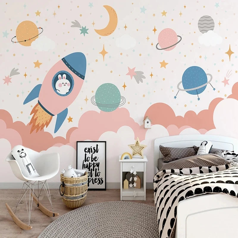 Bunny Rocket and Planets Nursery Wall Mural Wallpaper