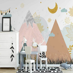 Textured Mountain Peaks with Golden Moon Wall Mural Wallpaper