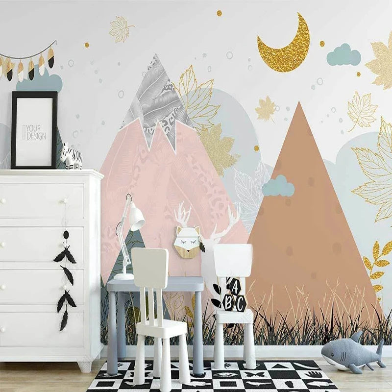 Textured Mountain Peaks with Golden Moon Wall Mural Wallpaper