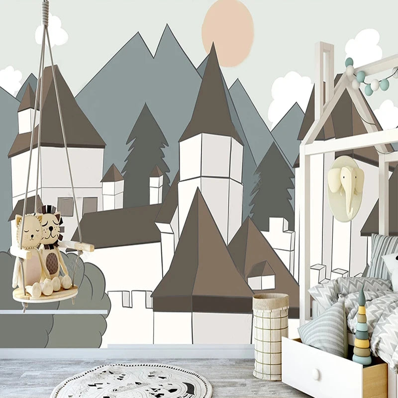 Architectural Town Buildings Cartoon Wall Mural Wallpaper