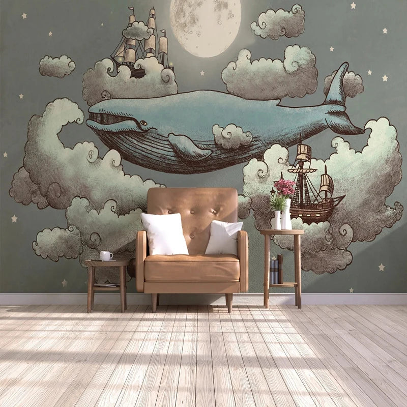 Celestial Whale and Sailing Ships Among Cloud Formations Wall Mural Wallpaper