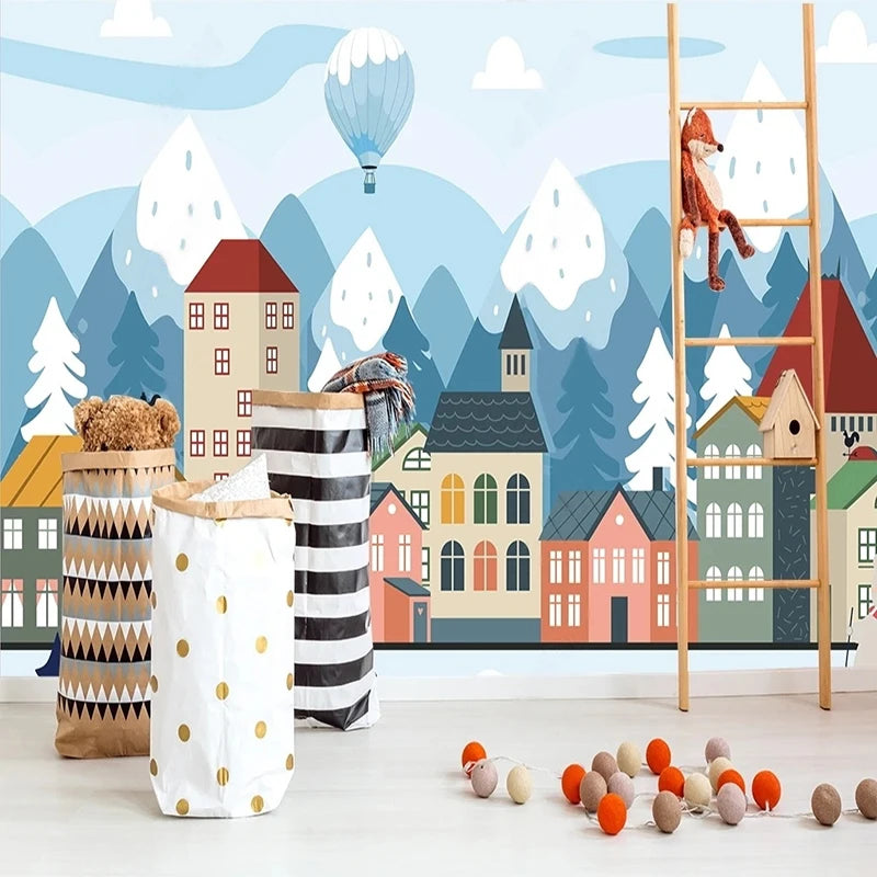 Mountain Town Hot Air Balloon Kids Room Wall Mural Wallpaper