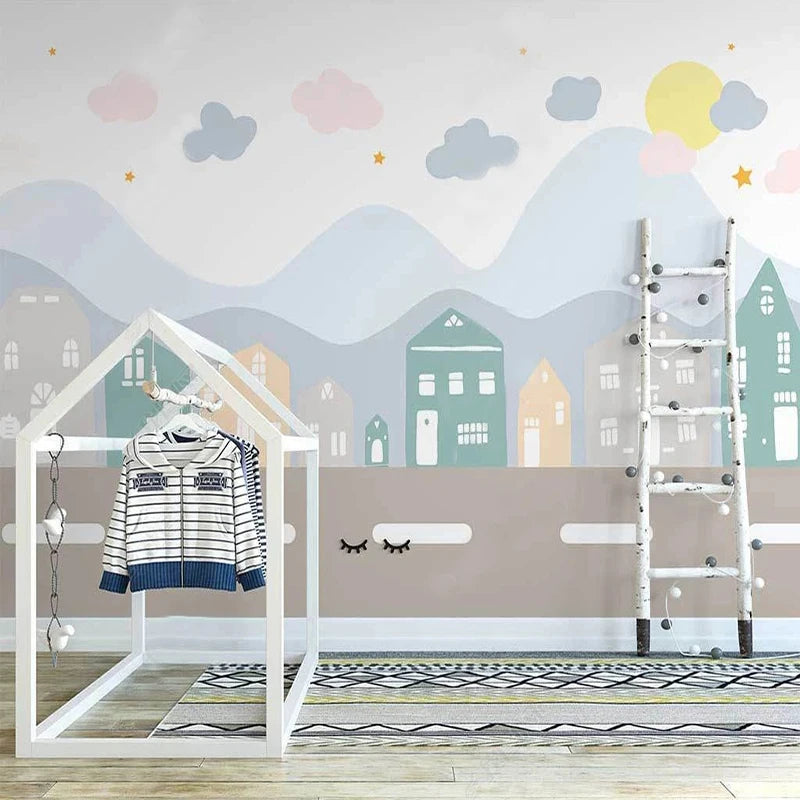 Cartoon Mountain Town Road Playroom Wall Mural Wallpaper