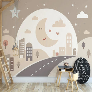 Smiling Moon City Road Wall Mural Wallpaper