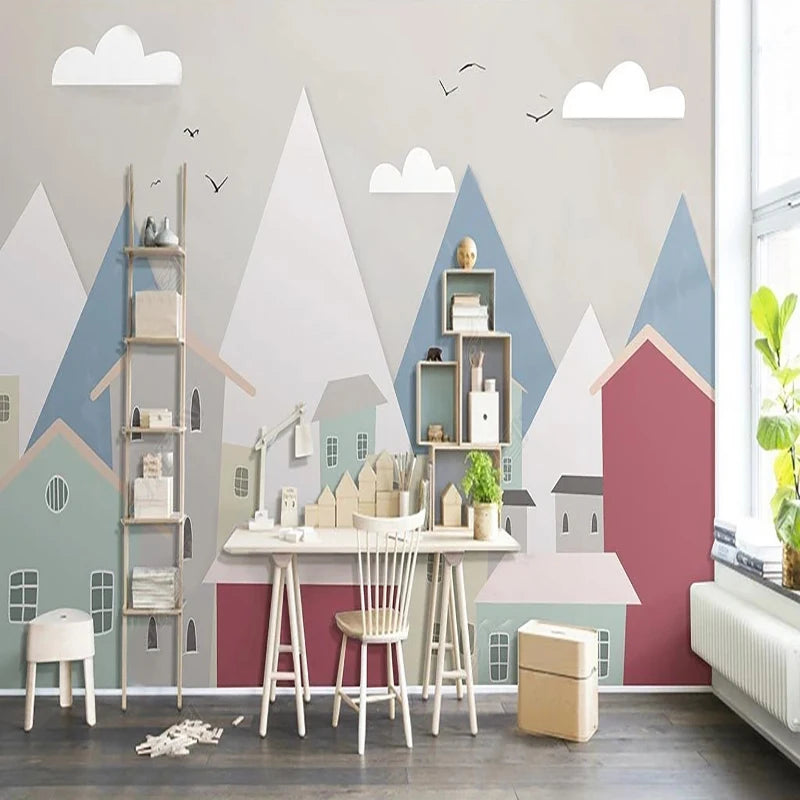 Geometric Mountainscape with Pastel Townhouses Wall Mural Wallpaper